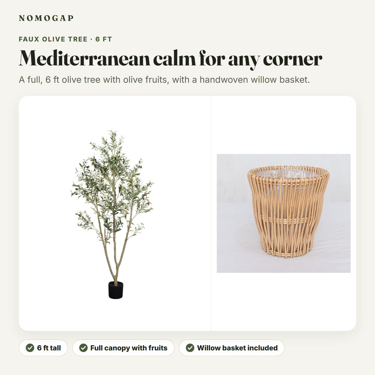 6 ft faux olive tree in a black pot next to a handwoven willow basket in Natural