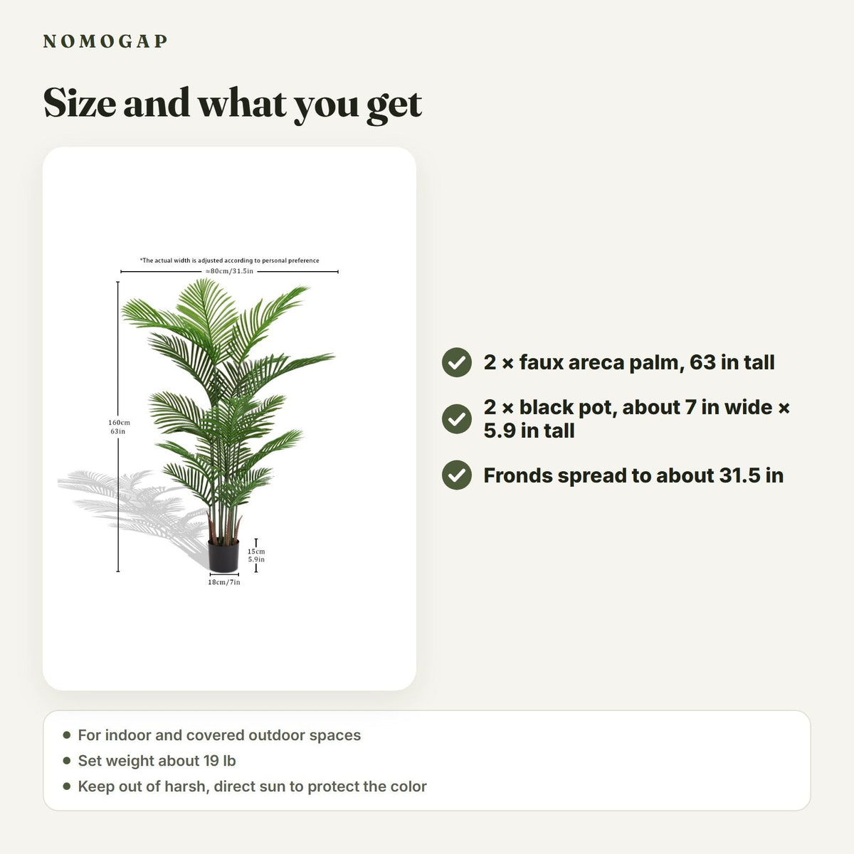 Faux areca palm, set of 2: size and what you get