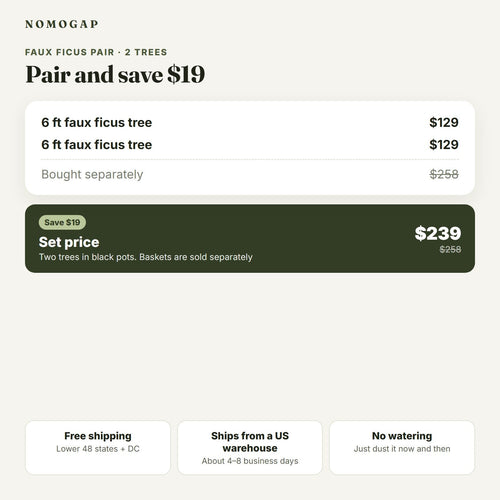 Pair of 6 ft faux ficus trees: set price compared with buying separately