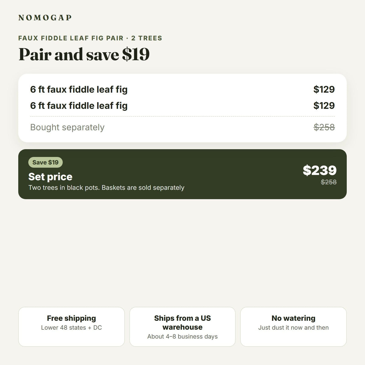 Pair of 6 ft faux fiddle leaf fig trees: set price compared with buying separately