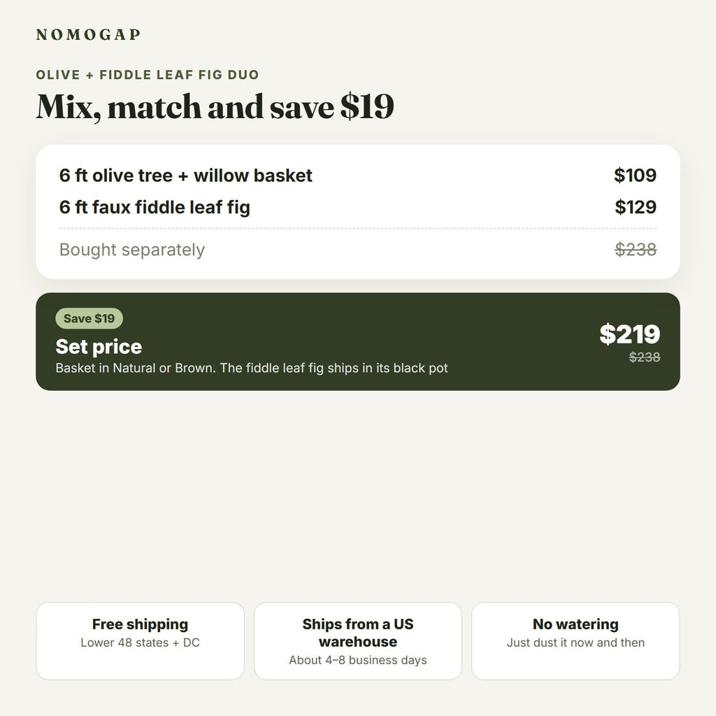 Olive tree with willow basket plus fiddle leaf fig: set price compared with buying separately