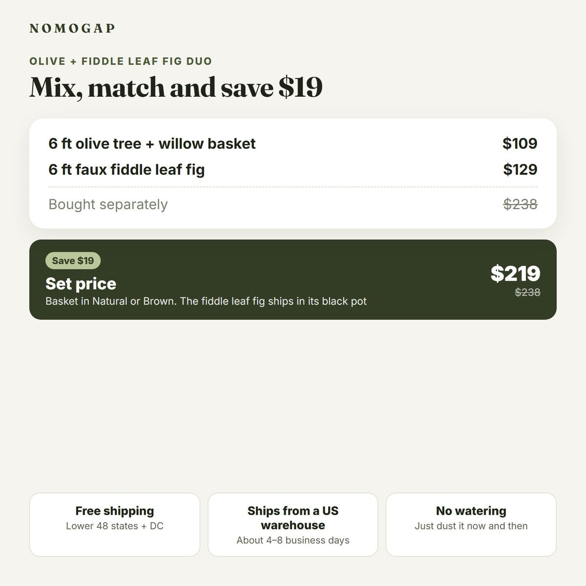 Olive tree with willow basket plus fiddle leaf fig: set price compared with buying separately