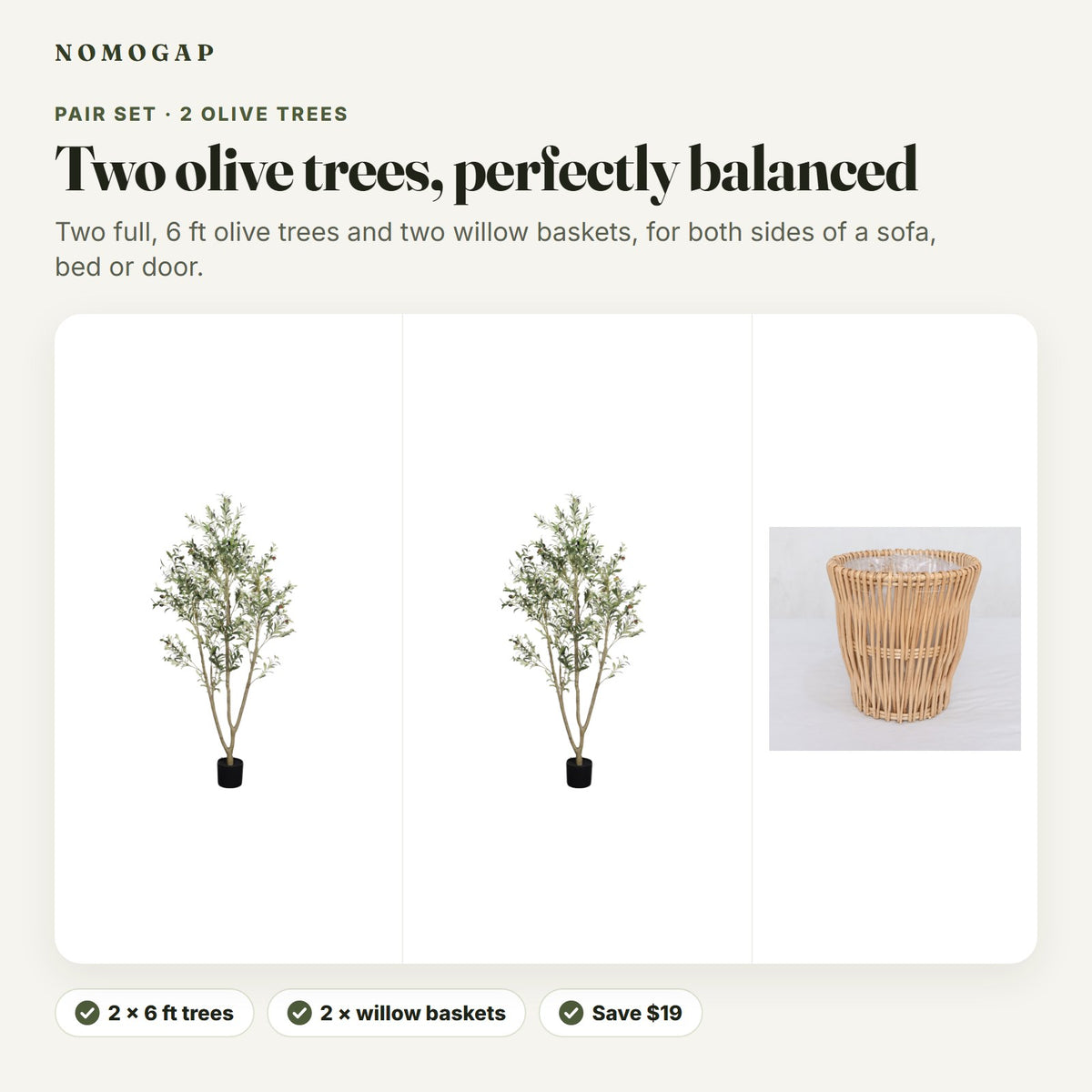 Pair Set: two 6 ft faux olive trees shown with a handwoven willow basket