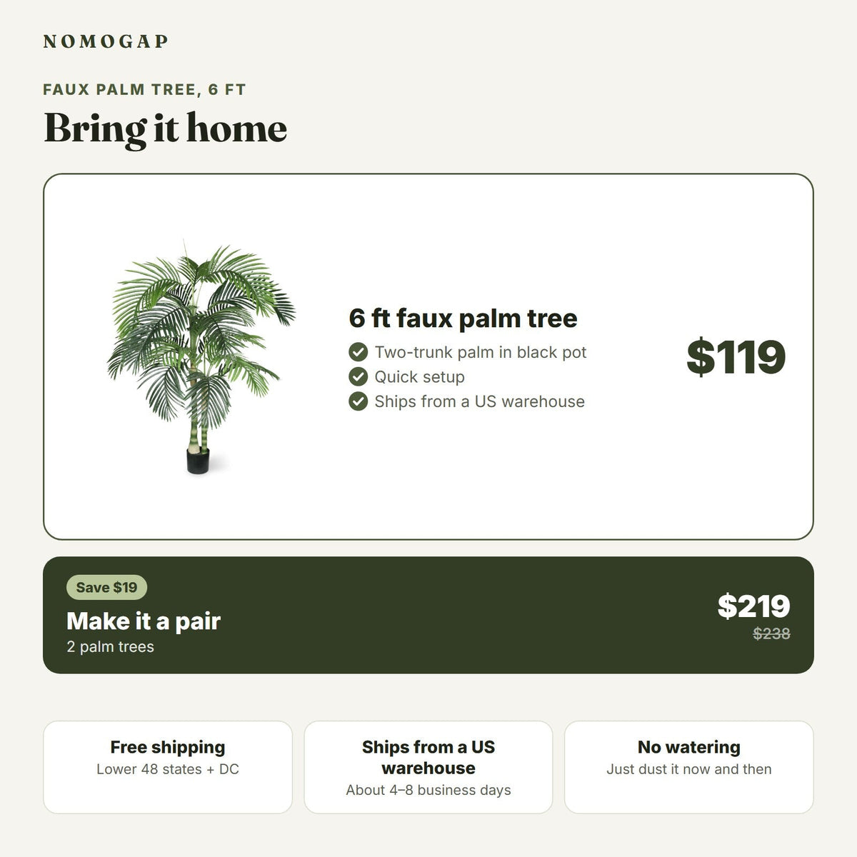 6 ft faux palm tree: price